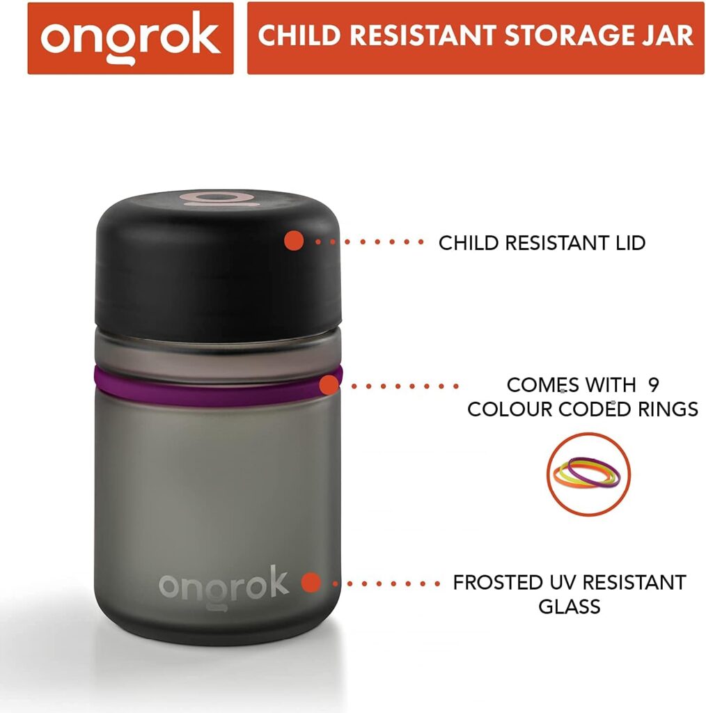 ONGROK Glass Storage Jar, 180ml, 3 Pack, Color-Coded Airtight Glass Containers, UV Air Proof Herb Jar to Stash Goods with Care with Child Resistant Lid