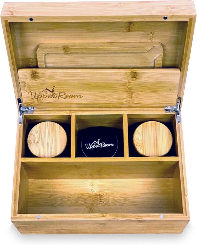 Stash Box with Accessories, Tray, 2 Airtight Jars, Bamboo Stash Box Combo Kit, Premium Large Storage Box, Wooden Decorative Box Set, Removable Dividers